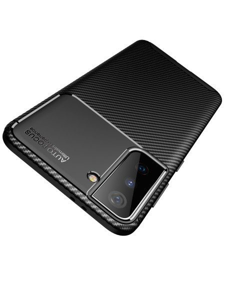 Närbild av Samsung S21 Plus FullCarbon-skal med fokus på texturen och kamerautskärningen
