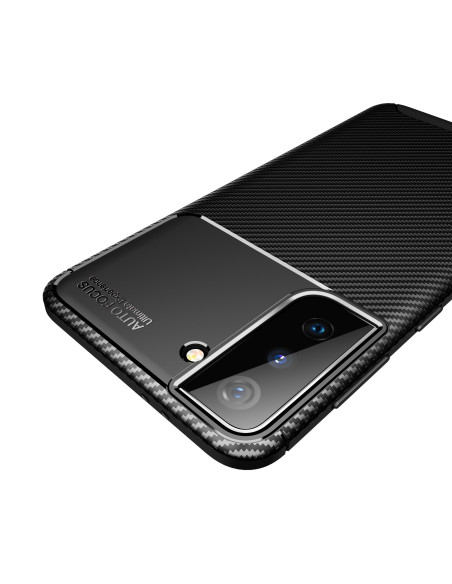 Detaljvy av Samsung S21 Plus FullCarbon-skal med fokus på kamerautskärning och textur