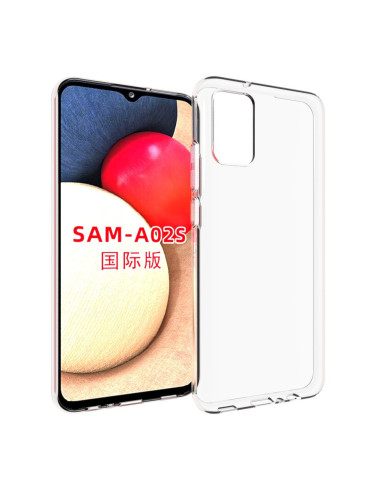 Transparent skal för Samsung A02s med tydlig kamerautskärning och framsidan synlig