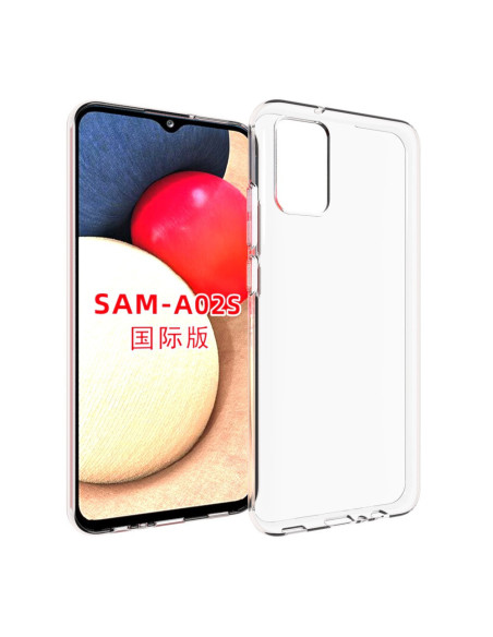 Transparent skal för Samsung A02s med tydlig kamerautskärning och framsidan synlig