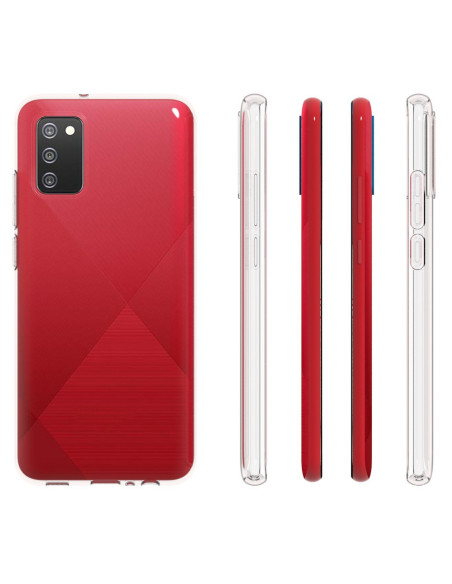 Transparent skal för Samsung A02s som visar telefonens sidor och baksidan i röd färg
