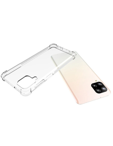 Närbild av stöttåligt skal för Samsung A12 med förstärkta hörn i transparent TPU