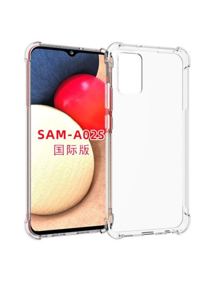 Transparent stöttåligt skal för Samsung A02s med förstärkta hörn, visat från sidan