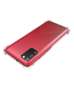 Transparent stöttåligt skal för Samsung A02s med förstärkta hörn, visat från sidan 2