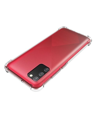 Transparent skal för Samsung A02s med förstärkta hörn, sedd från baksidan med röd telefon