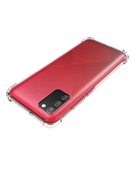 Transparent skal för Samsung A02s med förstärkta hörn, sedd från baksidan med röd telefon