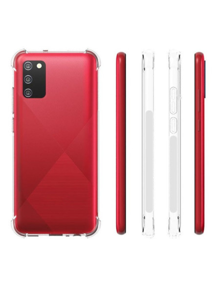Transparent skal för Samsung A02s med förstärkta hörn, visat från sidan med röd telefon i bakgrunden bild 4