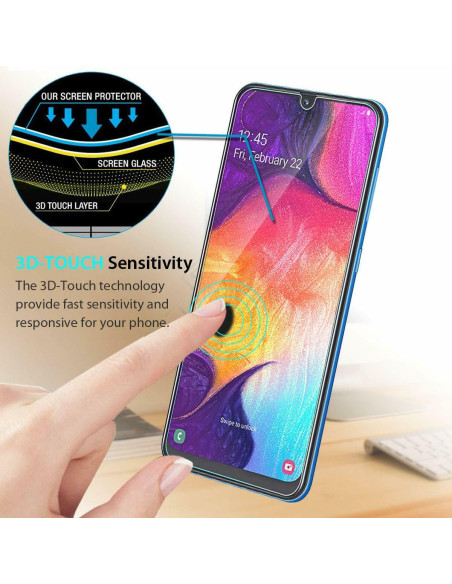 Samsung A02s med härdat glas som visar 3D-Touch känslighet och färgglad skärm