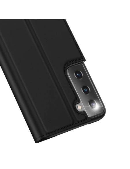 Svart flipfodral för Samsung S21 Plus med stängt lock som visar kamerautskärning