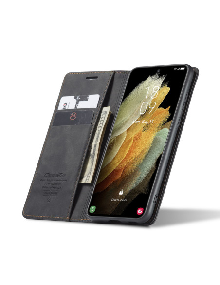 Svart flipfodral för Samsung S21 Ultra med öppet läge, visande kortfack och skärm