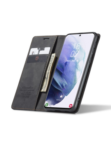 Svart flipfodral för Samsung S21 Plus med öppet lock och synliga kortfack samt sedlar