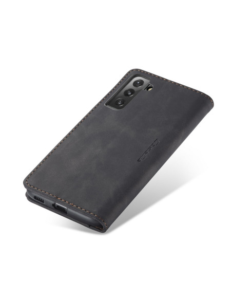 Svart flipfodral för Samsung S21 Plus, sett bakifrån med kameraöppning och elegant sömnad