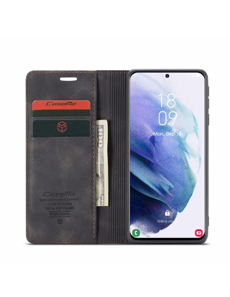 Svart flipfodral för Samsung S21 Plus med öppet lock, kortfack och sedlar synliga