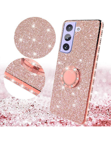 Glittrande rosa stötdämpande skal med ringhållare, sett från sidan och bakifrån