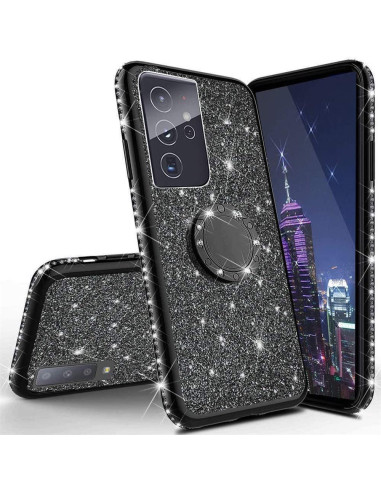 Svart stötdämpande skal med ringhållare och glittrande strassdetaljer, monterat på Samsung S21 Ultra
