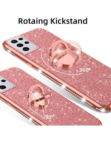 Närbild av rosa skal med ringhållare och strassdetaljer, visande roterande kickstand