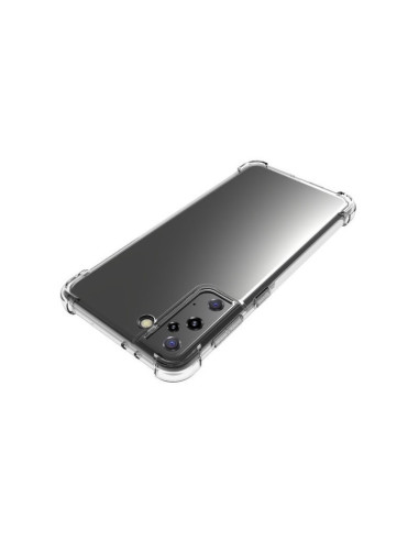 Samsung S21 Plus skal i transparent TPU, sett från sidan med fokus på kamerautskärningen
