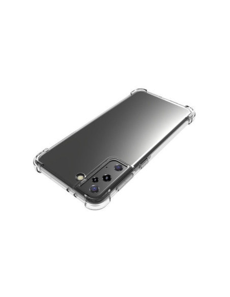 Samsung S21 Plus skal i transparent TPU, sett från sidan med fokus på kamerautskärningen