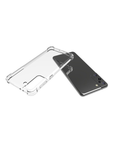 Samsung S21 Plus skal i transparent TPU, sett framifrån med telefon monterad