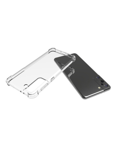 Samsung S21 Plus skal i transparent TPU, sett framifrån med telefon monterad