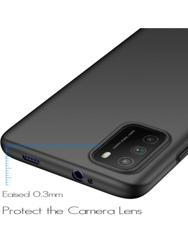 Mattsvart skal för Xiaomi Poco M3, närbild av kamerautskärning och skyddande kanter