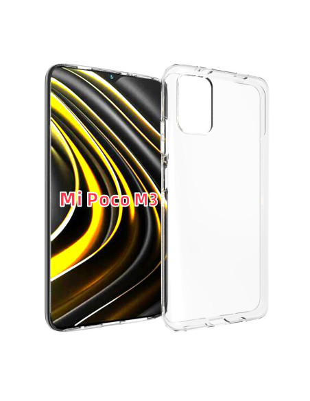 Transparent TPU-skal monterat på Xiaomi Poco M3, visar telefonens design