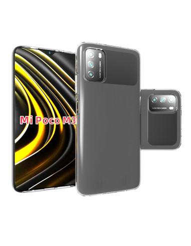 Transparent TPU-skal som skyddar baksidan av Xiaomi Poco M3, med telefonen i vinkel