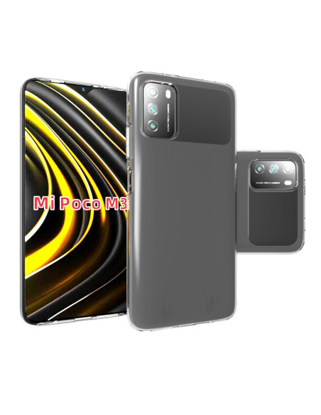 Transparent TPU-skal som skyddar baksidan av Xiaomi Poco M3, med telefonen i vinkel