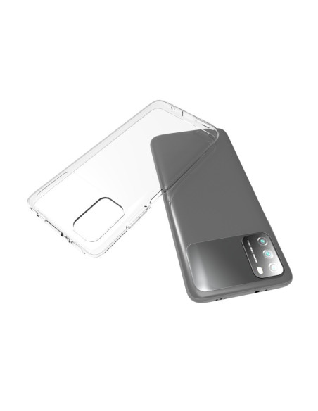 Transparent TPU-skal delvis avskalat från Xiaomi Poco M3, visar telefonens baksida och kamerautskärning