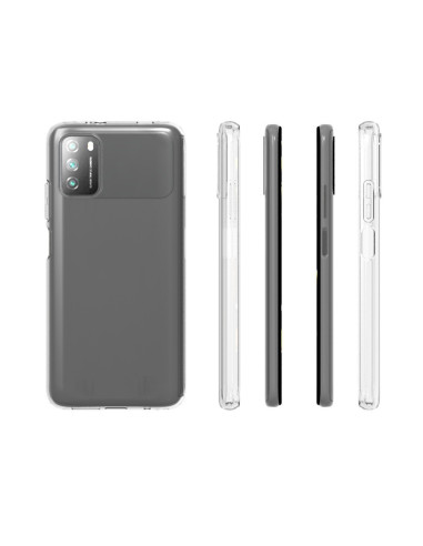 Transparent TPU-skal för Xiaomi Poco M3, visat från flera vinklar inklusive sidor och baksidan