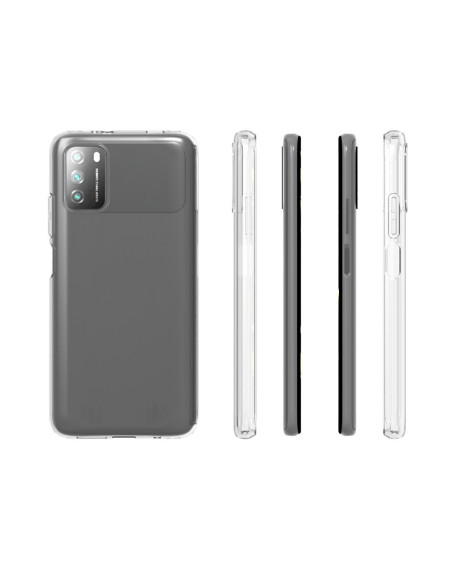 Transparent TPU-skal för Xiaomi Poco M3, visat från flera vinklar inklusive sidor och baksidan