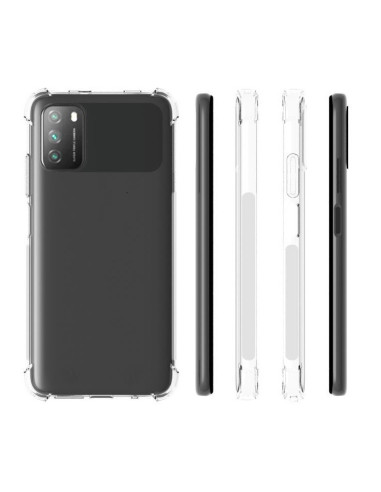 Transparent TPU-skal för Xiaomi Poco M3, visat från sidan med förstärkta hörn
