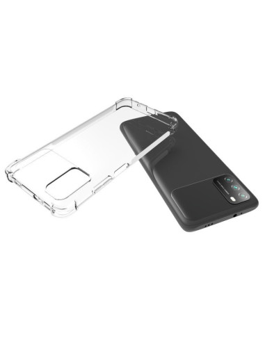 Transparent TPU-skal för Xiaomi Poco M3, visat i en vinklad vy för att visa baksidan och förstärkta hörn