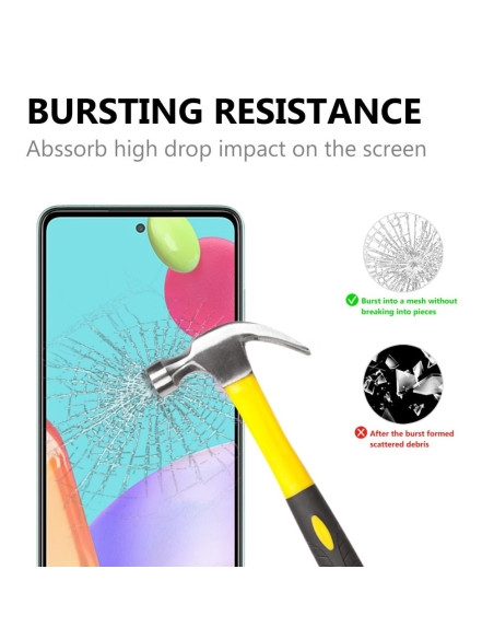 Närbild av Samsung A72 5G härdat glas som visar stöttålig funktion med hammare och sprickor på skärmen