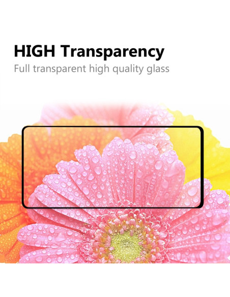 Samsung A72 5G härdat glas med hög transparens, visat mot blommor med vattendroppar