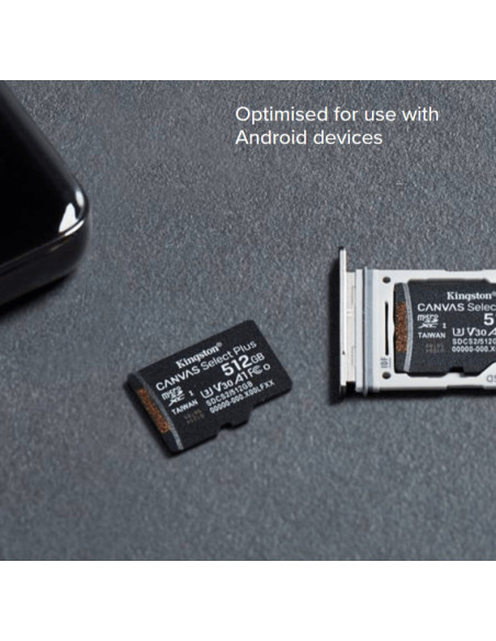 Kingston Canvas Select Plus MicroSD 64GB liggande bredvid en adapter, tydlig märkning