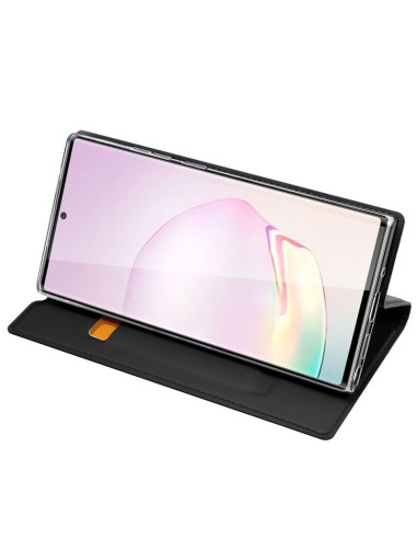 Samsung Note 20 flipfodral i svart med öppet lock och kortfack, telefonen synlig