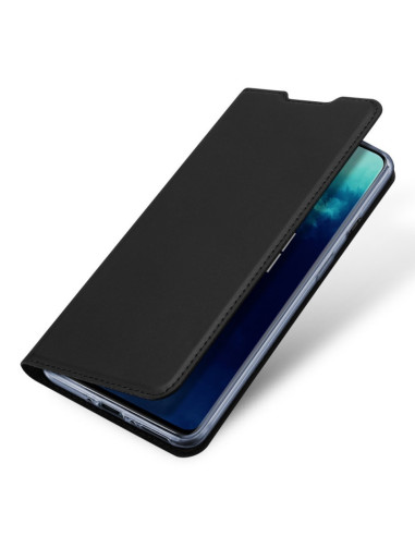 OnePlus 8 Flipfodral Skin Pro stängt med svart konstläder och telefon synlig