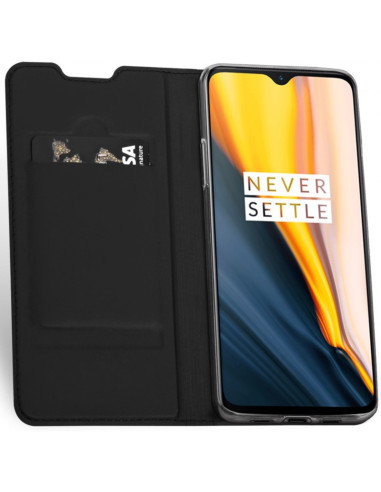 OnePlus 7 Flipfodral i svart med kortfack och telefon monterad