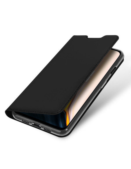 Svart OnePlus 7 flipfodral med kortfack, öppet och sett framifrån