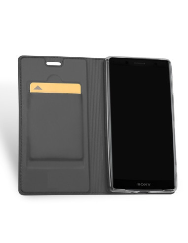 Xperia XZ2 Compact flipfodral i svart, öppet med telefon och kortfack synligt