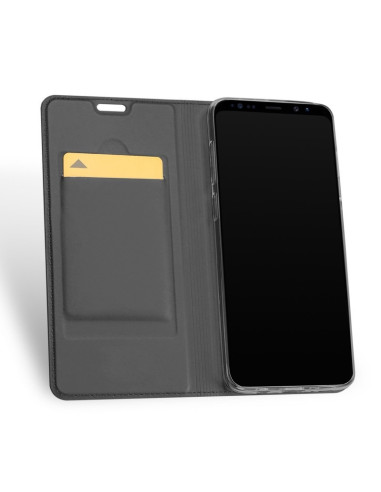 Svart flipfodral för Samsung S9 Plus, öppet med kortfack och telefon monterad