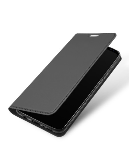 Svart flipfodral för Samsung S9 Plus, sett från sidan med telefonen delvis synlig