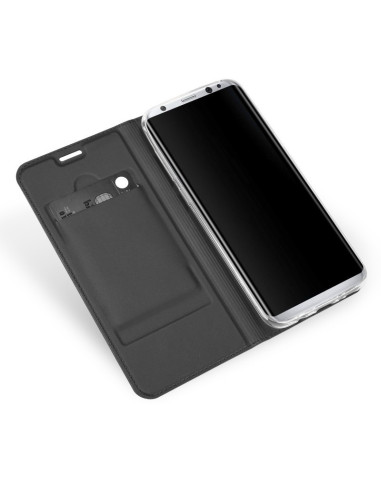 Öppet svart flipfodral för Samsung S8 Plus med kortfack, visande insidan och skärmen