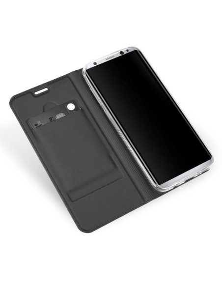 Öppet svart flipfodral för Samsung S8 Plus med kortfack, visande insidan och skärmen