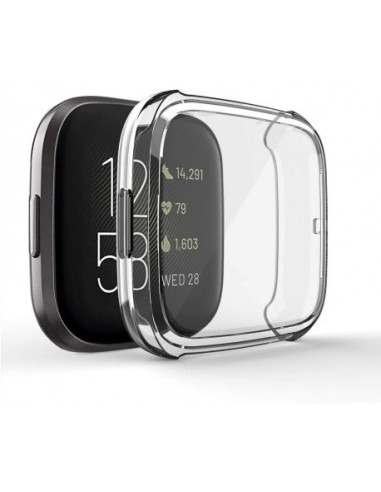 Transparent TPU-skal som skyddar Fitbit Sense, sett från sidan med klockan i fokus