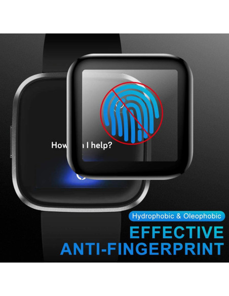 Detaljvy av Fitbit Sense skärmskydd som visar anti-fingeravtryck funktion