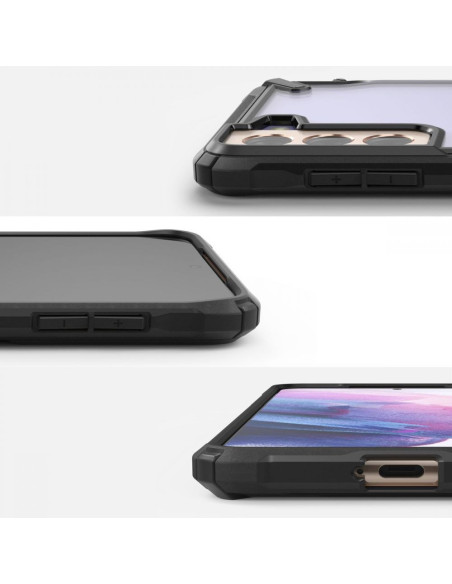Detaljvy av Ringke Fusion X skal för Samsung S21 Plus, med fokus på knappar och sidor