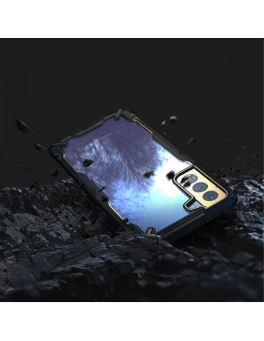 Samsung S21 Plus med Ringke Fusion X skal, sett bakifrån med reflektioner i skalet