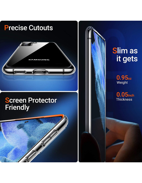 Närbild av Samsung S21 stöttåligt skal med fokus på exakta utskärningar och sidoprofil